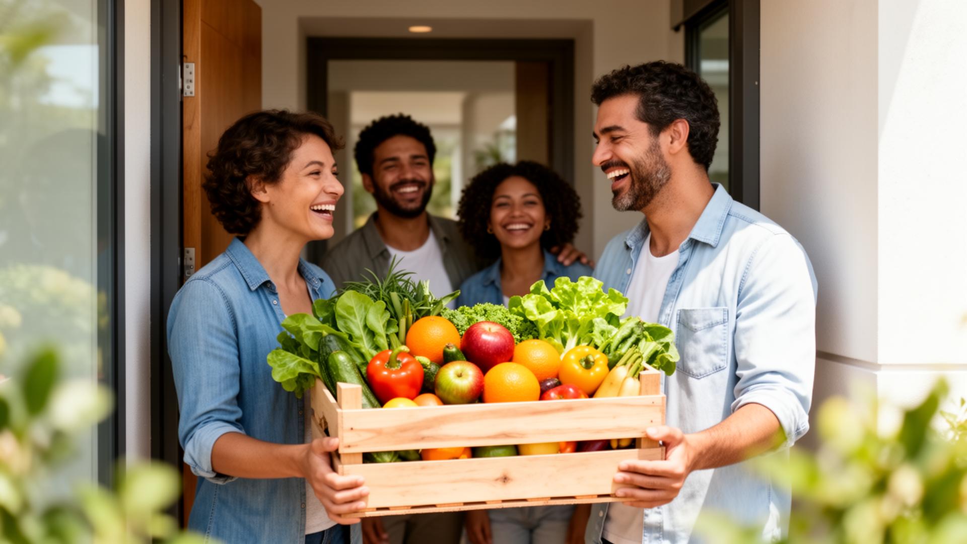 Família feliz recebendo caixa NutriFrescor com frutas e verduras